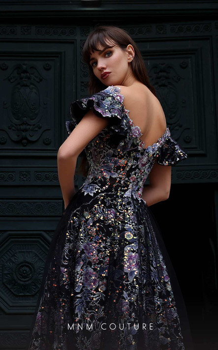 Embellished Ruffled Off Shoulder A-Line Gown