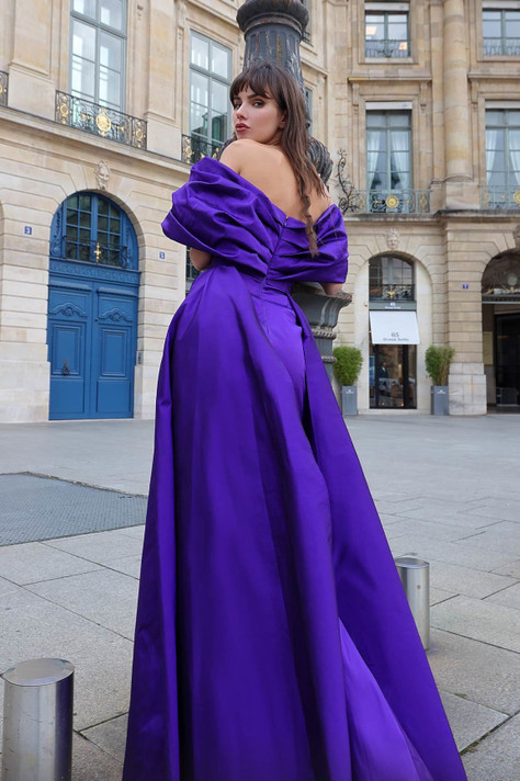Pleated Off Shoulder Slit Gown