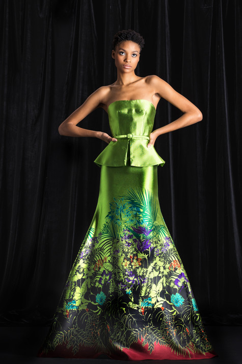 Naeem Kahn Floral Jacquard Strapless Peplum Gown - District 5 Boutique