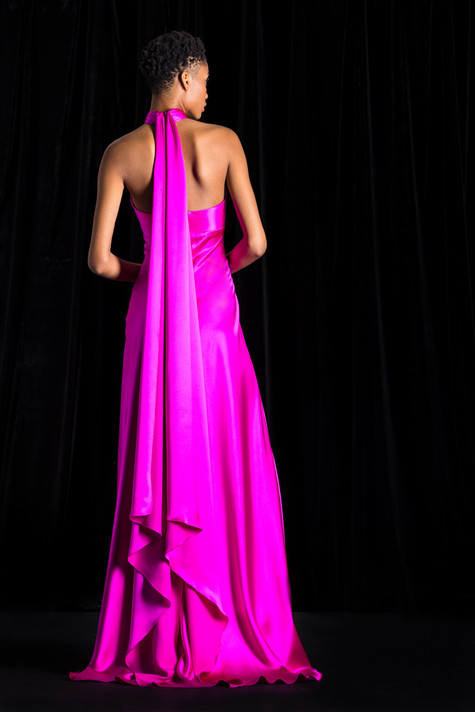 Satin Backed Crepe Tie Back Cross Neck Column Gown