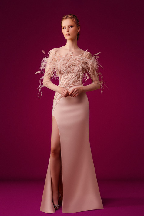 Sequin, Crystal, Feathered Illusion Gown