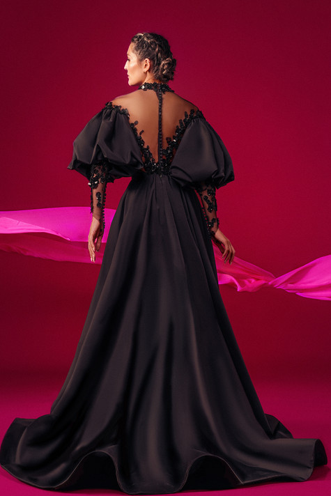 High Neck Off Shoulder Illusion Gown