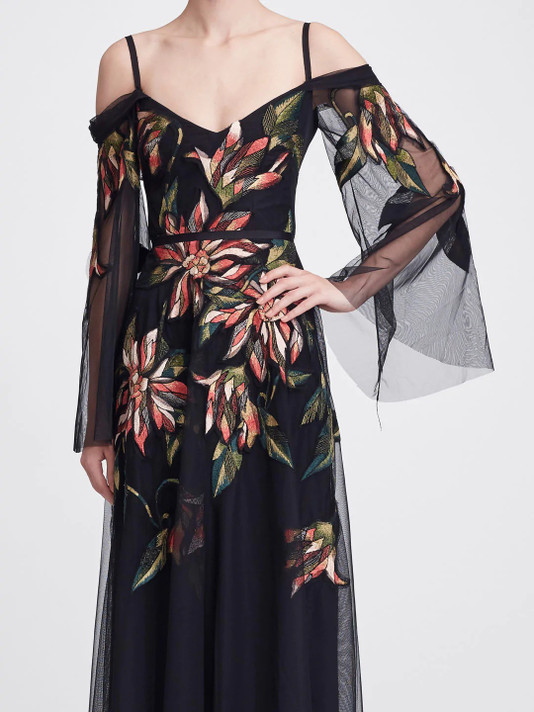 Illusion Sleeve Floral Gown