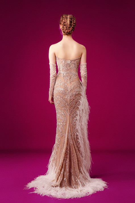 Strapless Beaded Side Feathered Gown