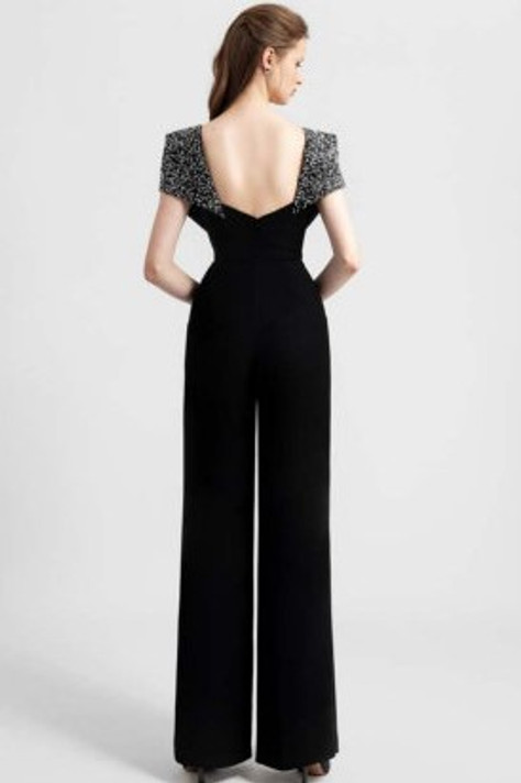 Straight-Cut Jumpsuit with Beaded Shoulders