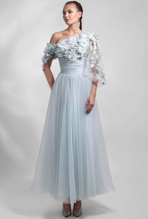 One Shoulder Embellished Bodice Tulle Gown