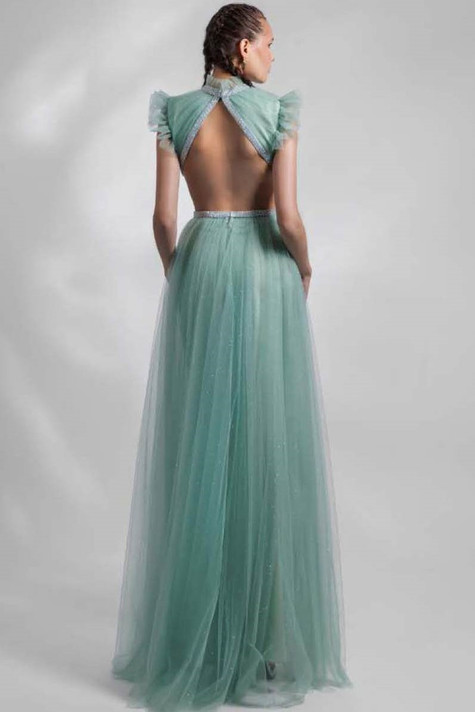 High Neck Ruffled Tulle Gown