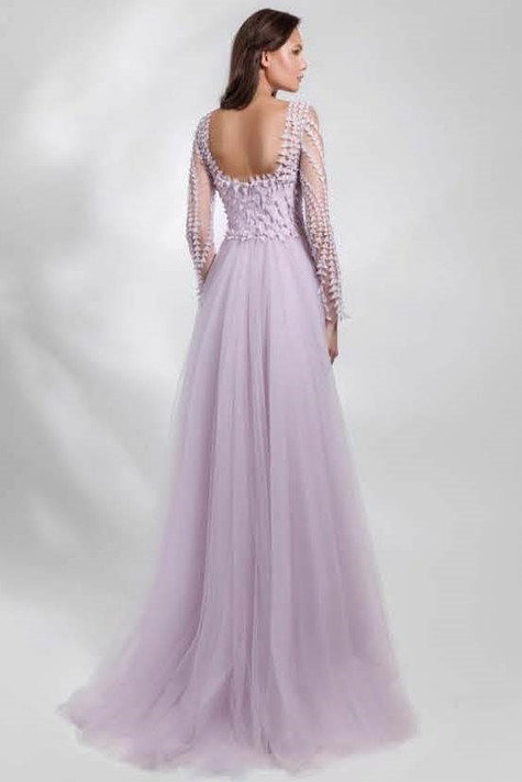Laser-Cut Chiffon Gown with Tulle Train