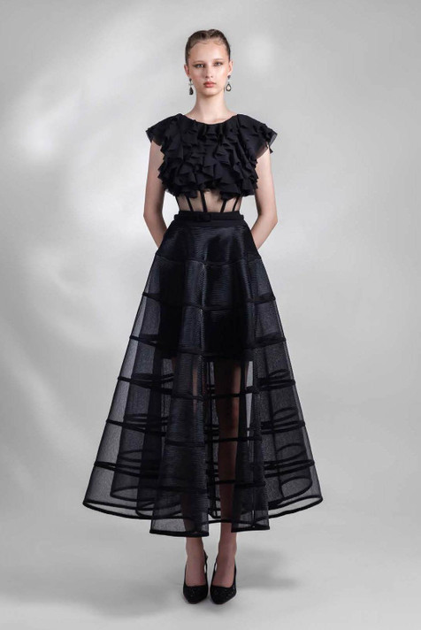 Laser-Cut Chiffon Top with Cage-Like Skirt