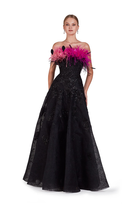 Strapless Gown with Ombré Feathers