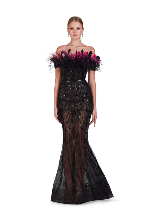 Off Shoulder Gown with Ombré Feathers