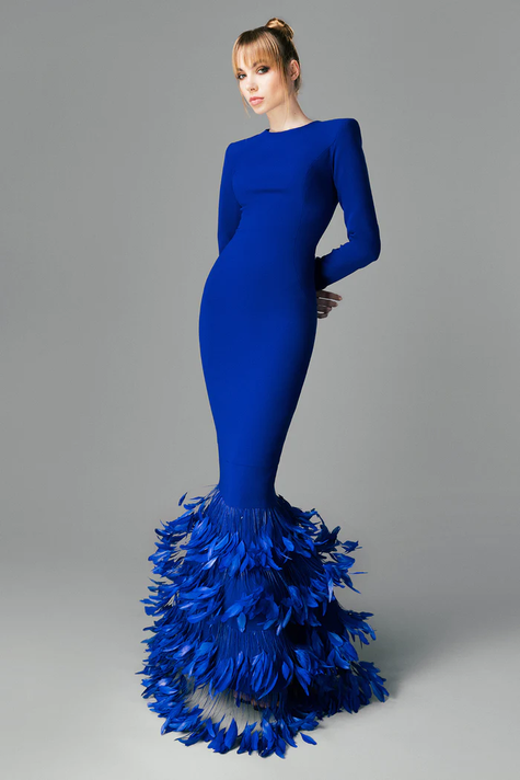 Crepe Gown with Layered Feathers