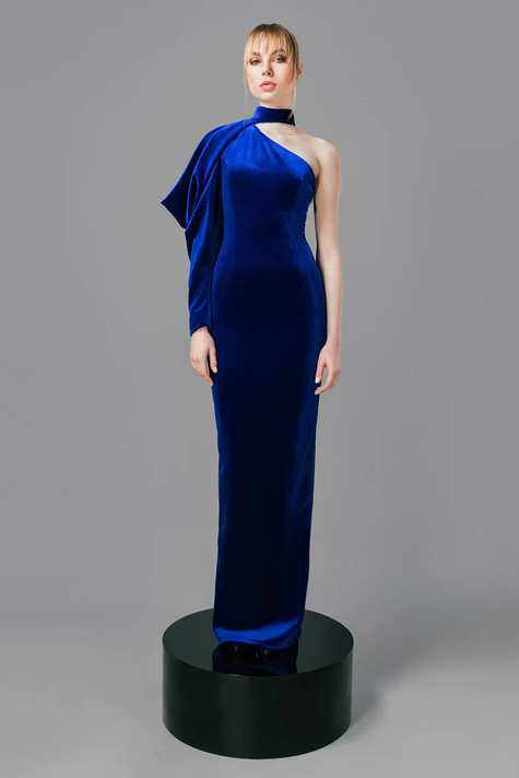 Velvet Gown with Draped Sleeve