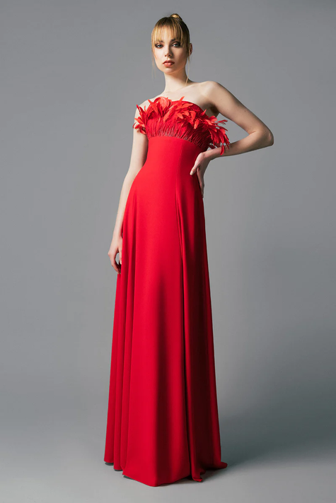 Crepe Gown with Feathered Bust