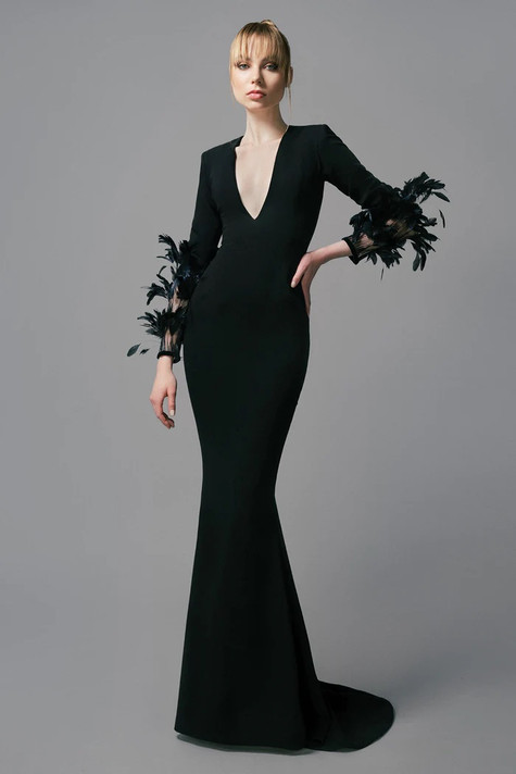 Crepe Gown with Feathered Sleeves