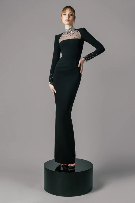 Crepe Gown with Crystal Embroidered Neckline