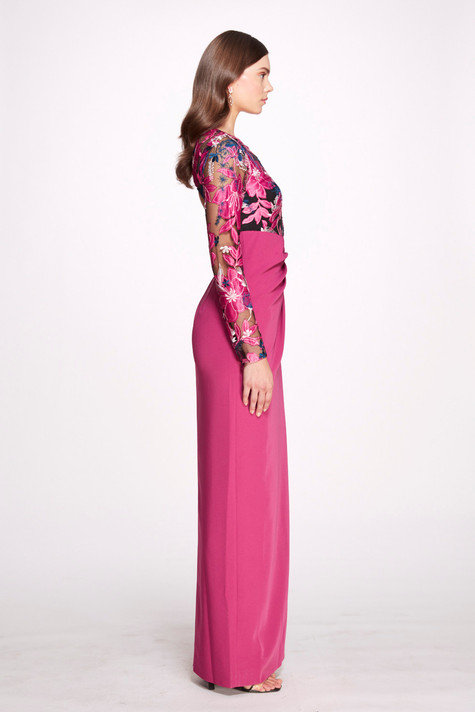 Long Sleeve -Embroidery on Tulle Column Gown