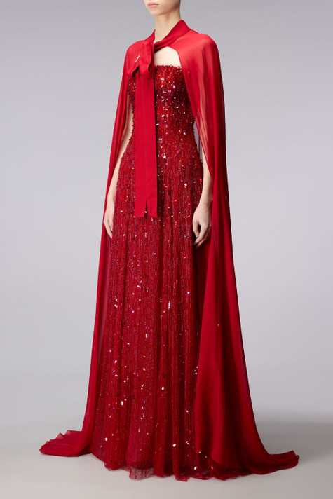 Pogue Embroidered Tulle Cape Gown | Tadashi Shoji