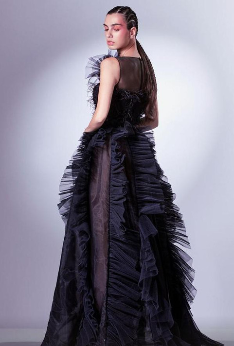 Ruffled Sleeveless -Evening  Gown