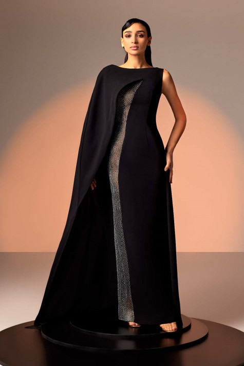 Crepe and Lace Gown with Side Drape