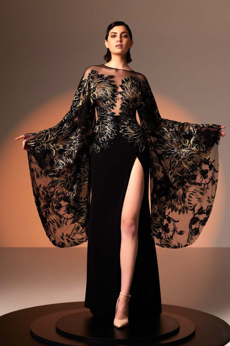 Crepe Gown with Black and Gold Lace