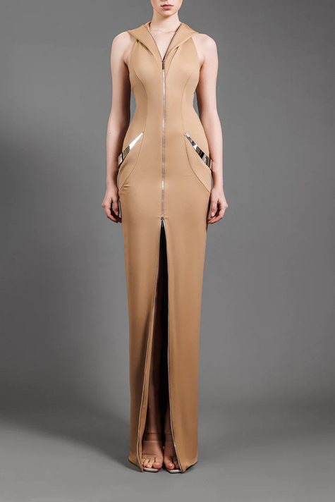 Hooded Jersey Slit Gown