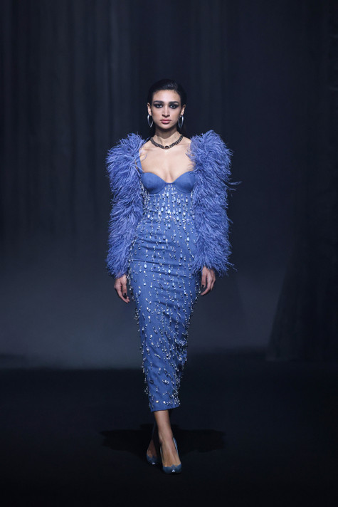 Beaded Denim Dress with Feathered Sleeves