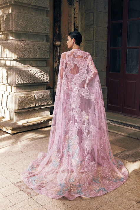 Long Sleeve Tulle Gown with  Cape