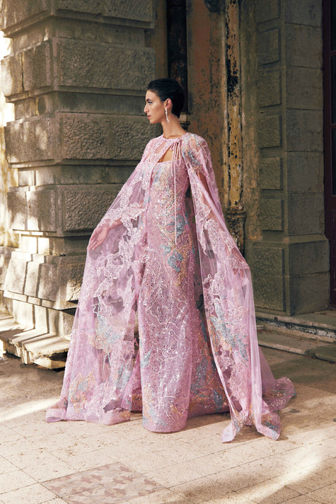 Long Sleeve Tulle Gown with  Cape