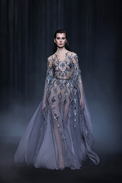 Beaded Tulle Gown with Long Slit Sleeves