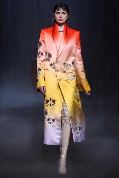 Printed Satin Coat with Cut-Outs