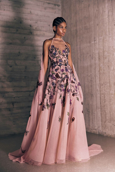 Petal Thread Embroidered Tulle Gown