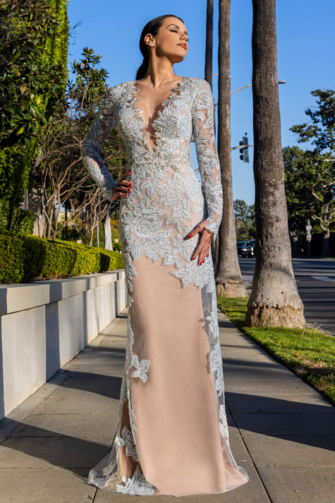 Embroidered Long Sleeve Gown with Exposed Back