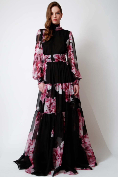 Floral High Neck Pleated Gown