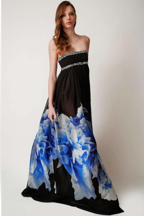 Floral Strapless Gown with Crystals