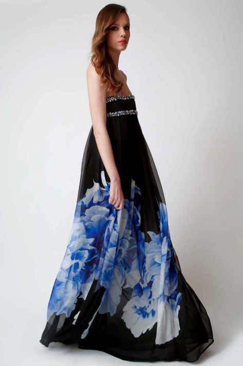 Floral Strapless Gown with Crystals