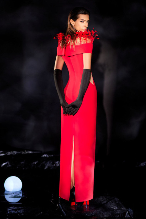 Crepe Gown with Cutouts and Feathers