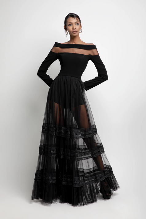 Semi-Sheer Off Shoulder Gown