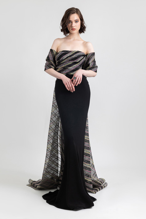 Brocade and Crepe Slim-Cut Gown