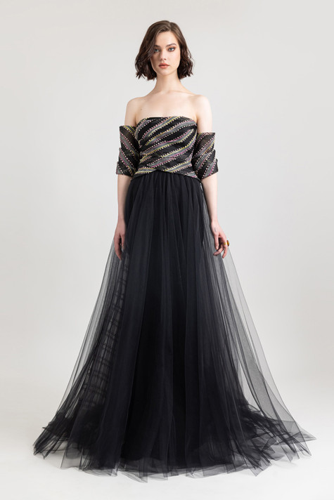 Brocade and Crepe Wide-Cut Gown