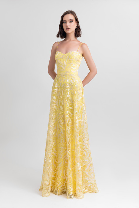 Embroidered Gown with Chiffon Cape