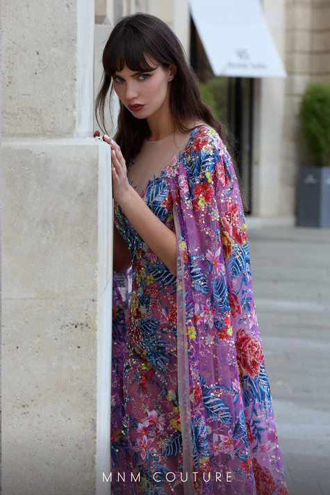 Multi-Colored Cape Sleeve Gown