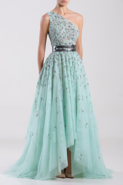 One Shoulder Tulle-Beaded Gown