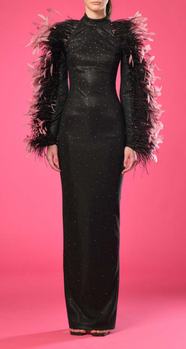 Long Sleeve Feathered Gown