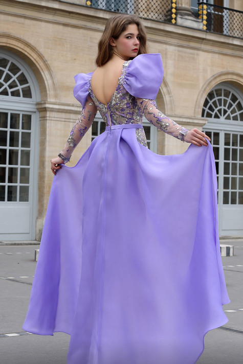 Embellished Long Sleeve Gown with Overskirt