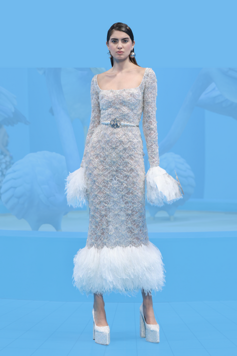 Beaded Lace Dress with Feather Trim