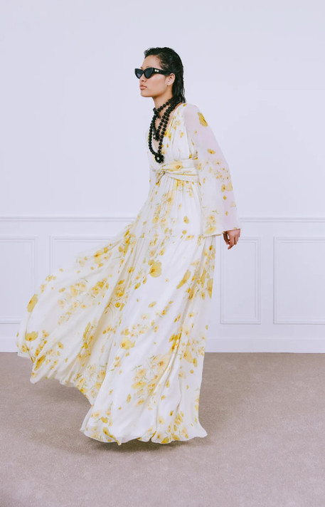 Wide V-Neck Floral Printed Georgette Gown
