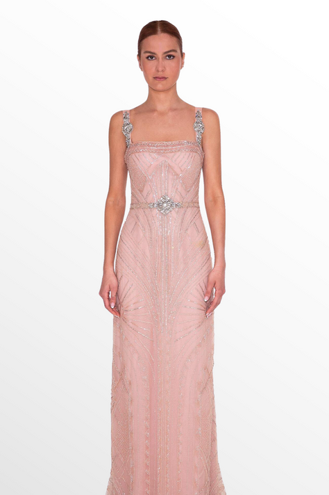 Embroidered Gown with Beaded Straps