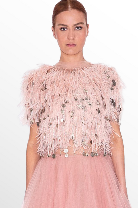 Ostrich Feather Beaded Top, Capelet and Tulle Skirt