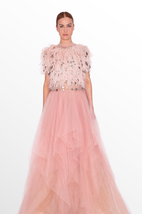 Ostrich Feather Beaded Top, Capelet and Tulle Skirt